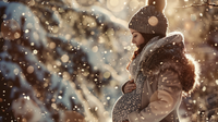 Femme enceinte habillée chaudement en hiver avec un manteau long, bonnet et écharpe, devant un paysage urbain enneigé.