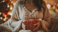 Une femme enceinte souriante reçoit un cadeau emballé, illustrant le thème Quel cadeau offrir à une future maman.
