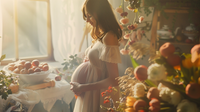 Femme enceinte assise à table dégustant un petit-déjeuner sain, illustrant le meilleur petit-déjeuner pendant la grossesse.
